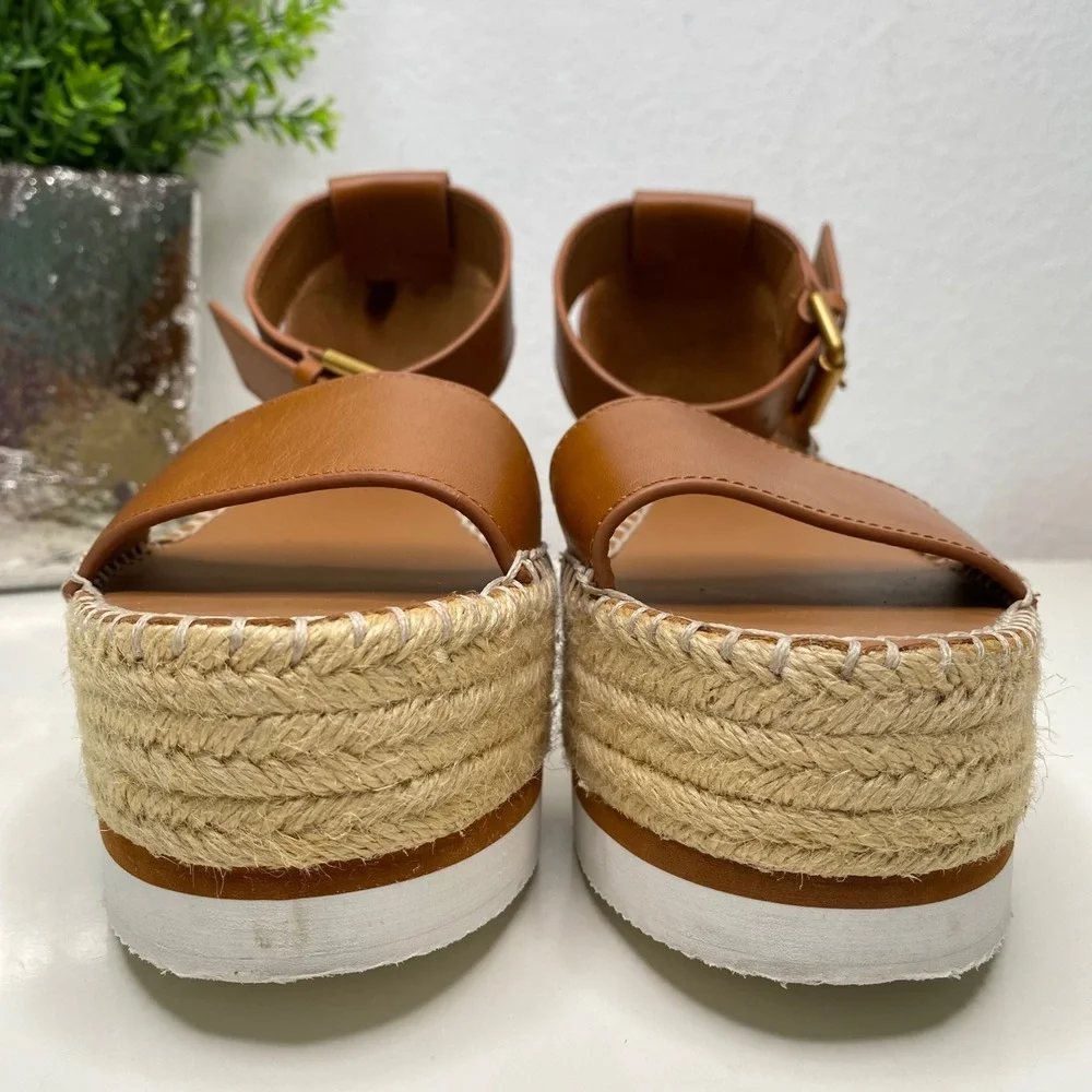 See by Chloe Glyn Calf‎ Leather Espadrille Platform Sandals Tan Size 8
